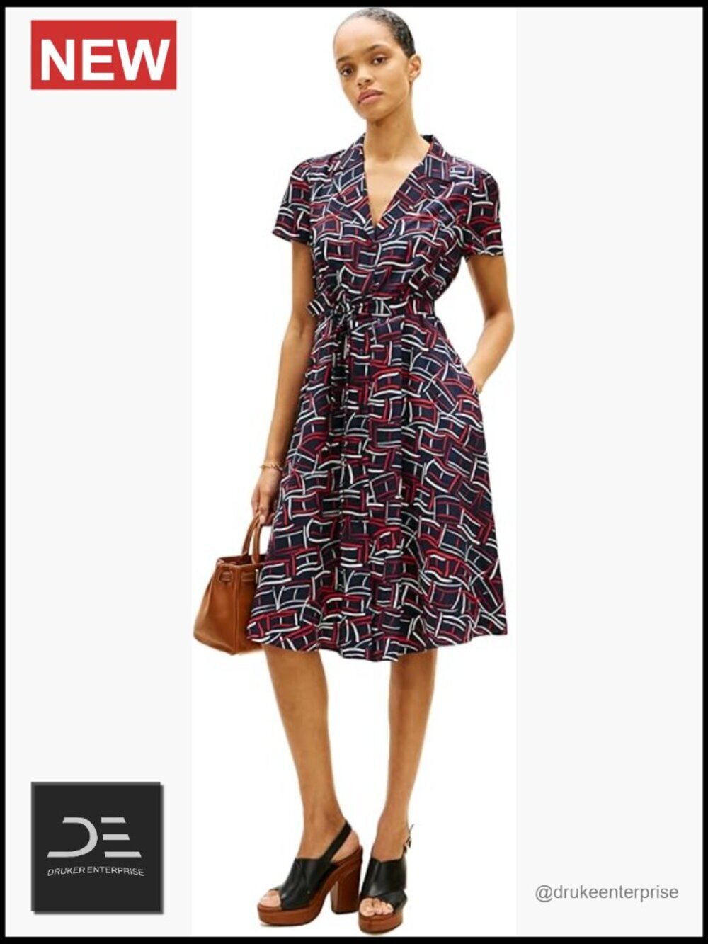 Short Sleeve V Neck Printed Shirt Dress Work Business Casual